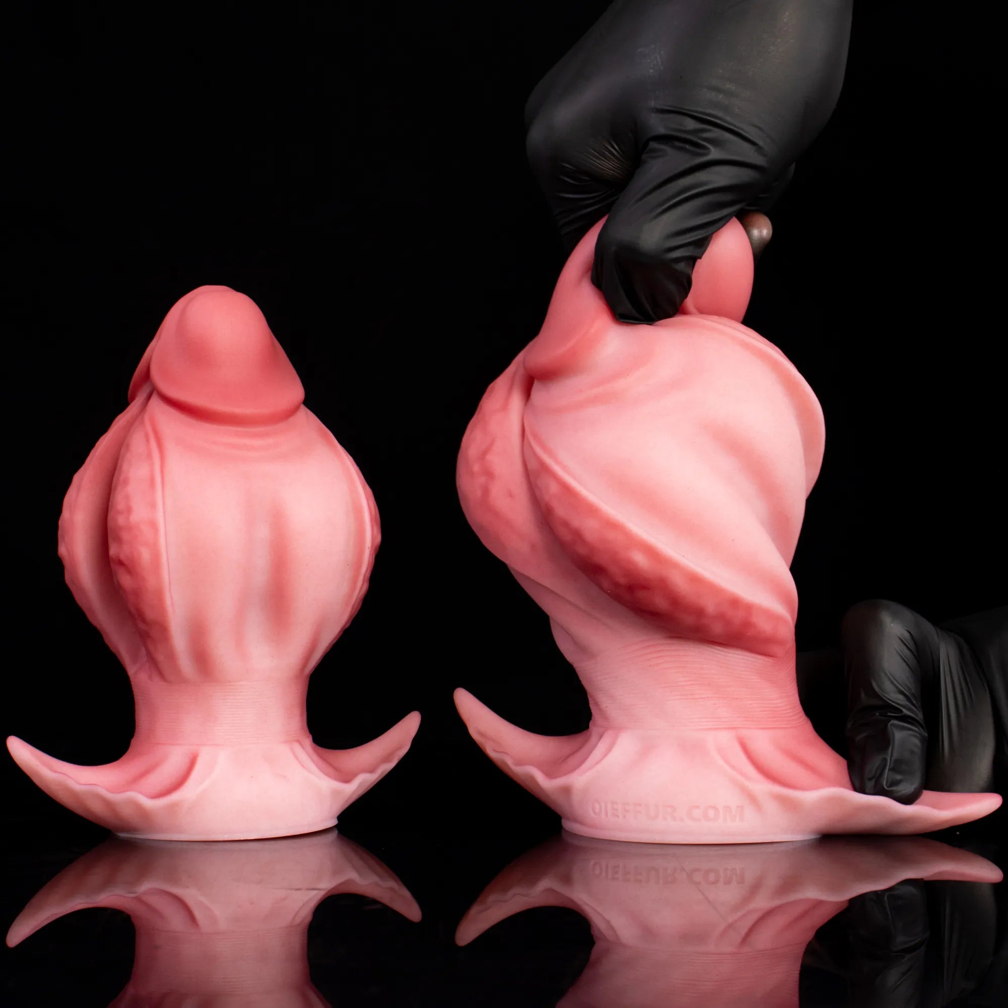 Oieffur Fissure Fantasy Stroker petal-textured platinum silicone dildo, penetrable fantasy toy with detailed ridges and realistic design.