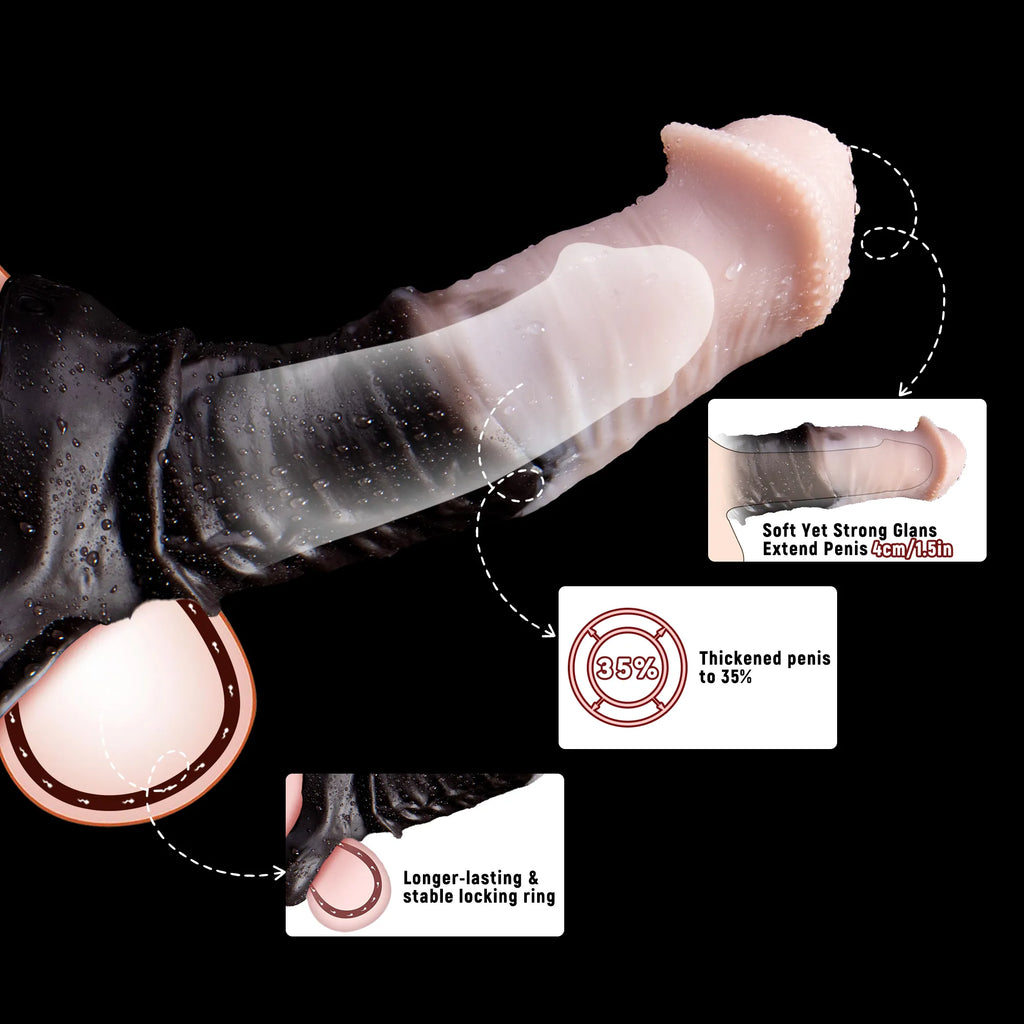 Silicone horse sheath penis extender by Oieffur showing a textured, clear penis sleeve with girth and length extension features.