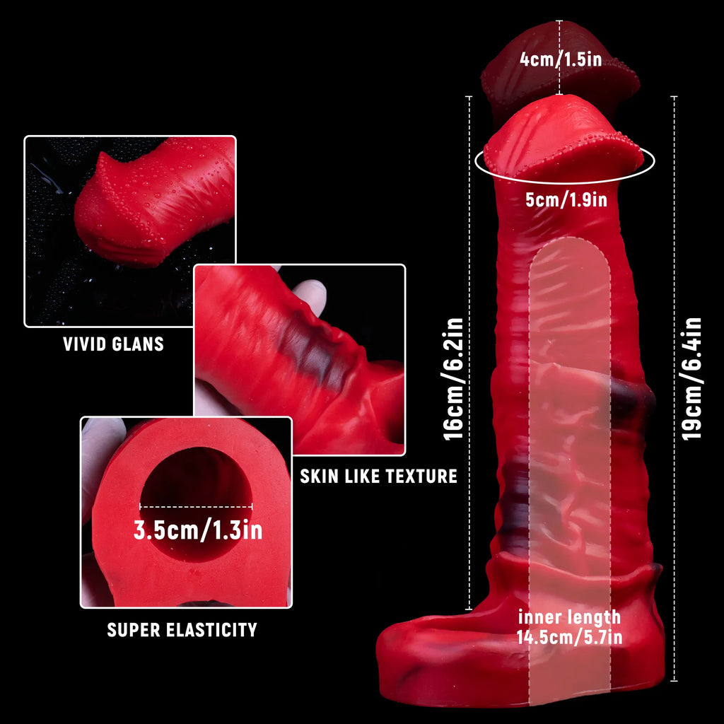 Male silicone penis sleeve from Oieffur, extending girth and length, shown in a close-up image highlighting the textured sheath.