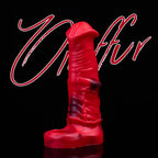 Oieffur Horse Sheath red and black penis sleeve extender with added girth and length, shown on a male model for enhanced performance.