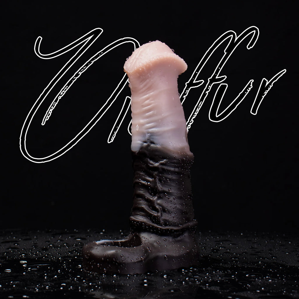 Oieffur silicone horse sheath penis extender showing textured silicone exterior and extended length and girth.