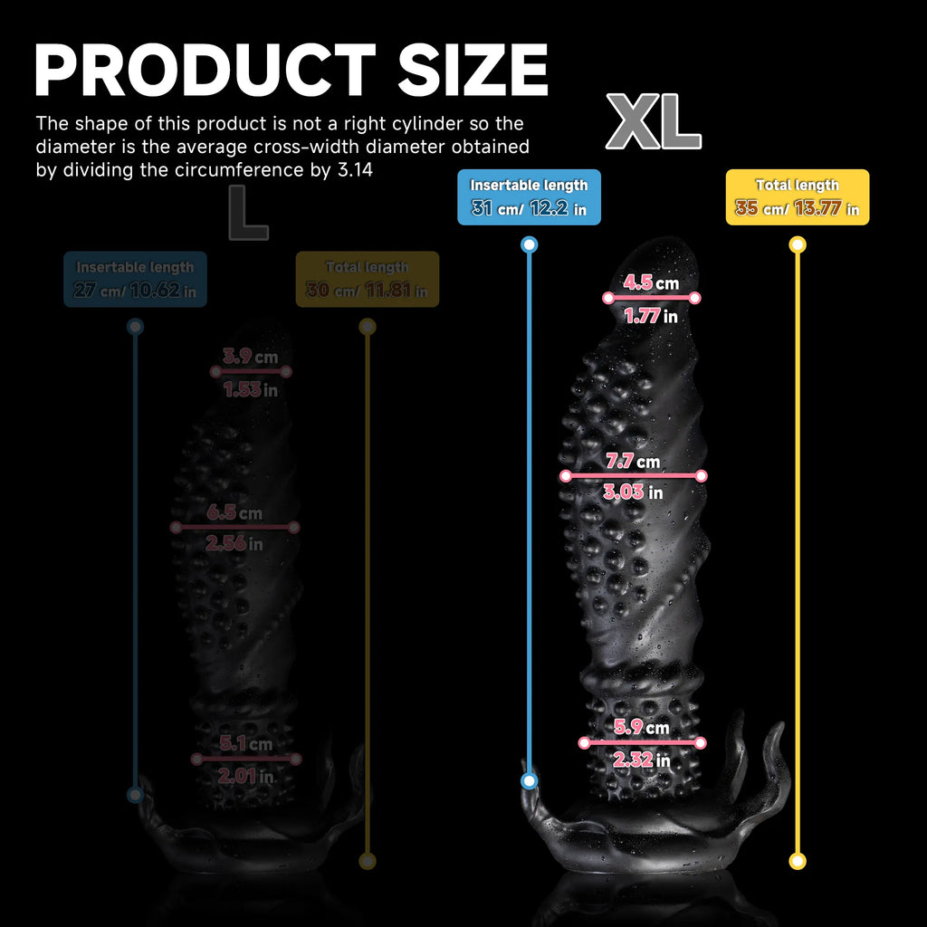 Black "Abyss" Spiked Dildo by Oieffur, a platinum silicone fantasy dildo with a textured, spiked design for intense stimulation.