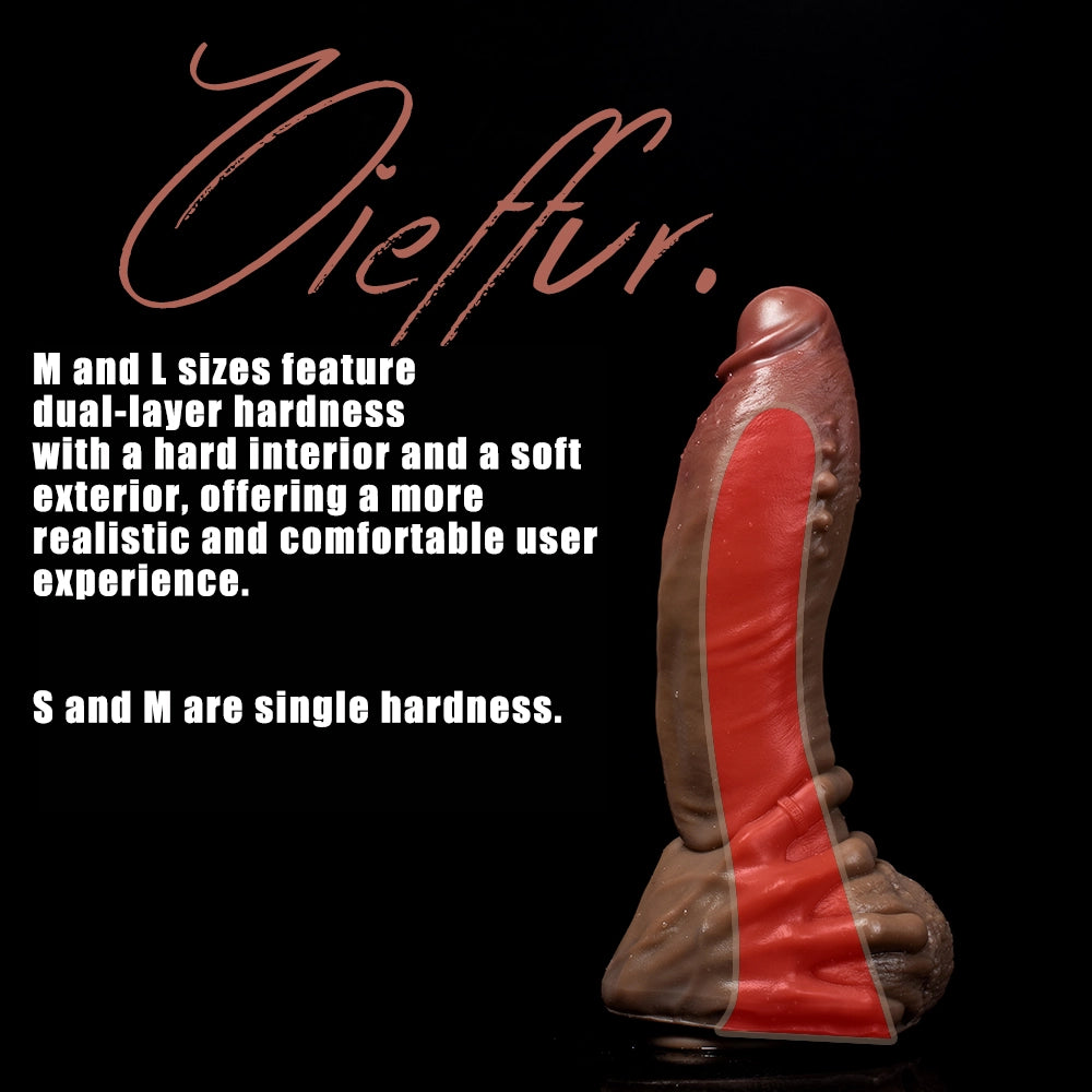 Realistic Hot Surge Fantasy Dildo by Oieffur with dual-layer design, detailed texture, and lifelike appearance for adult pleasure use.
