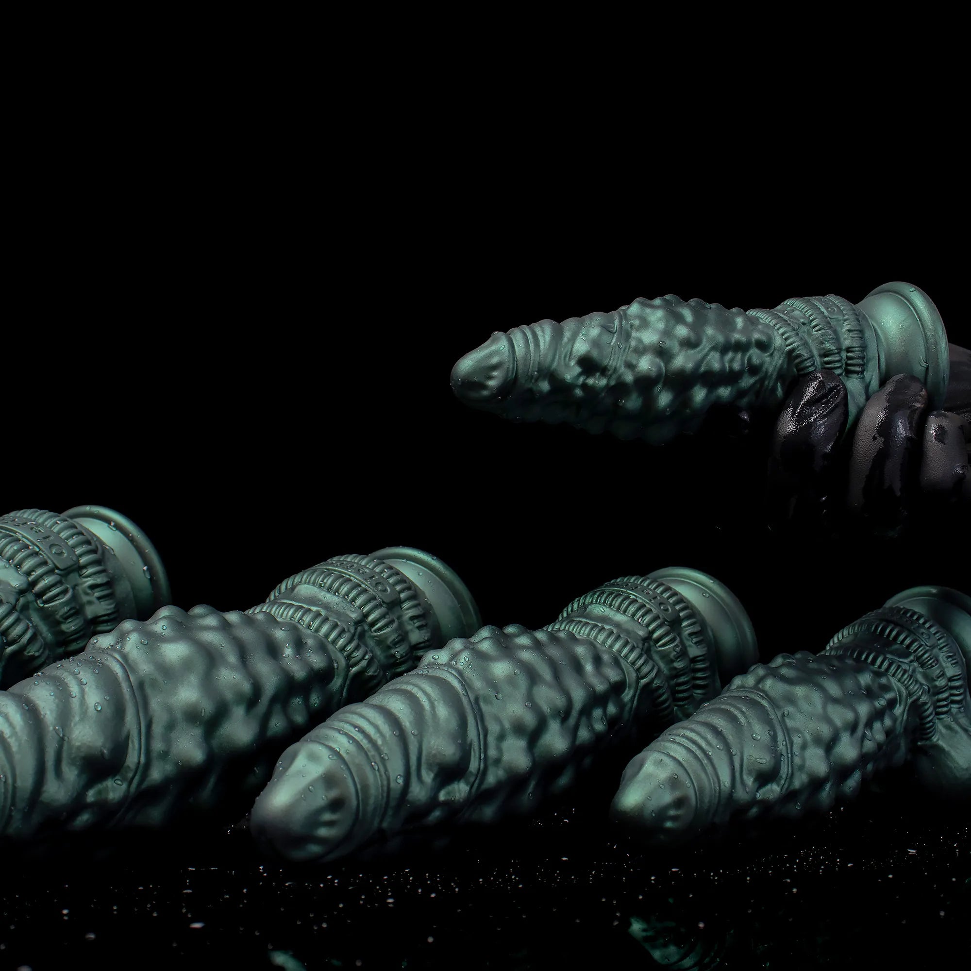 Oieffur Nexus Node Monster Toy fantasy dildo with alien texture in platinum silicone, detailed surface design and realistic appearance.