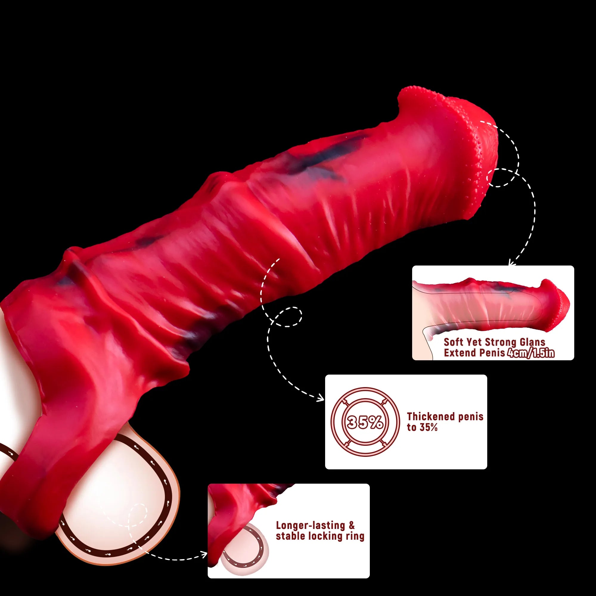 Red Oieffur male silicone penis sleeve extending girth and length, designed as a penis extender or sheath for enhanced performance.