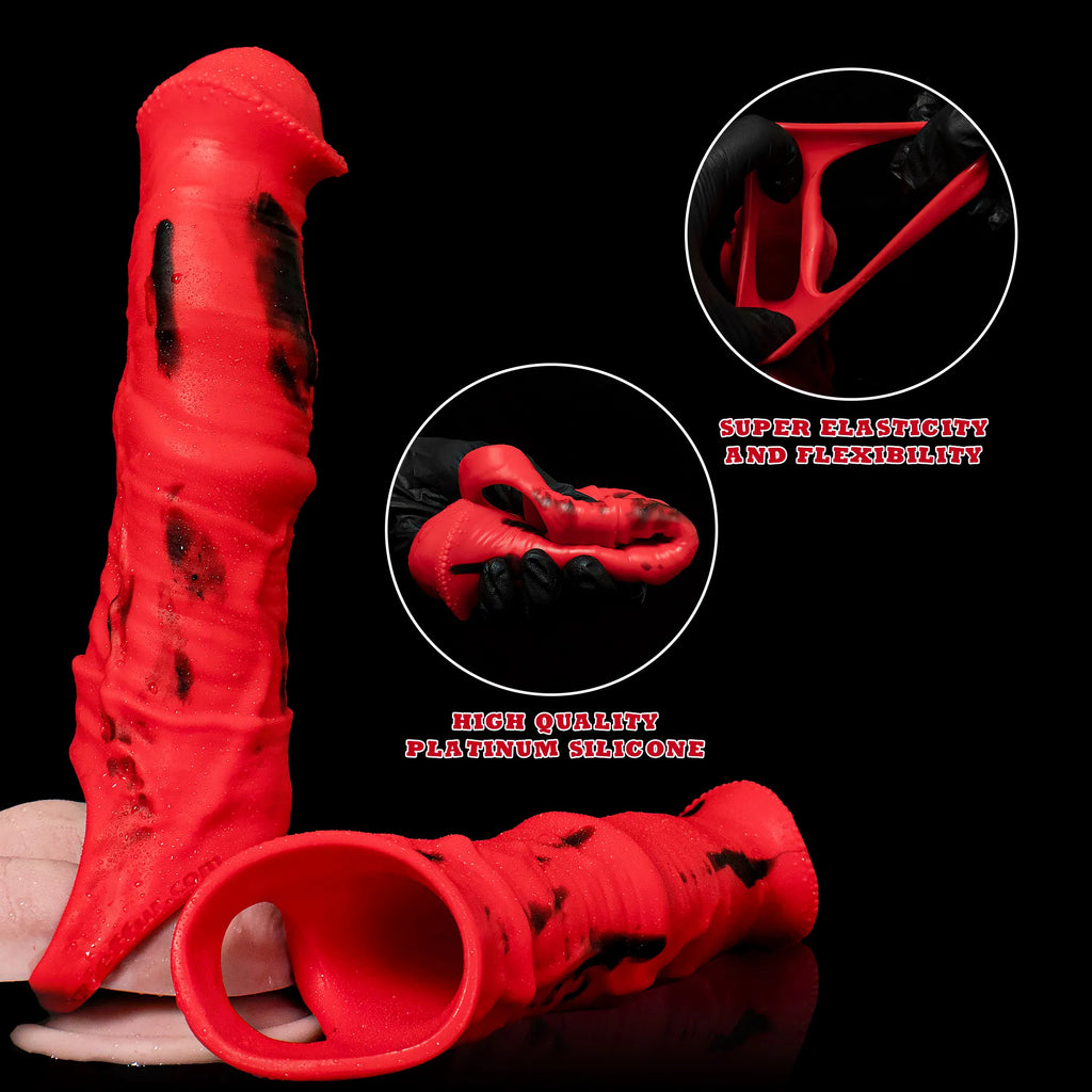 Oieffur Storm Horse Male Extender Sleeve, realistic penis sheath in red, designed to enhance size and sensation.